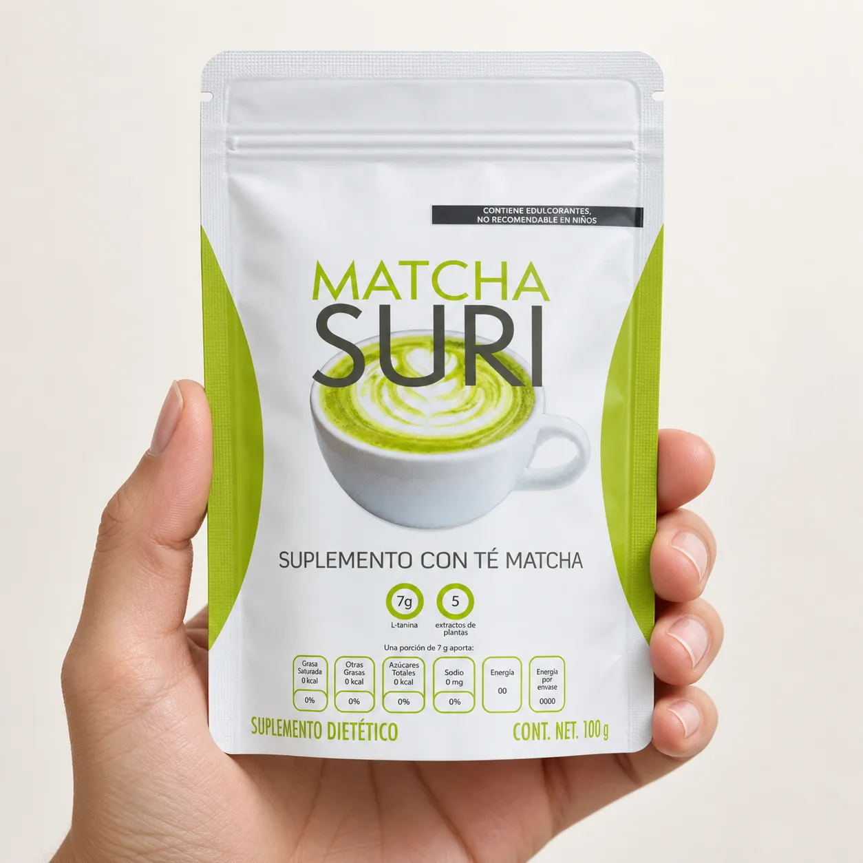 Matcha Suri — the package held in a hand