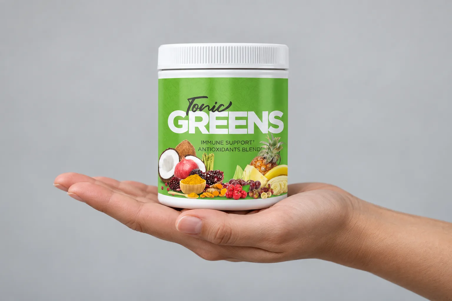 TonicGreens — the package held in a hand