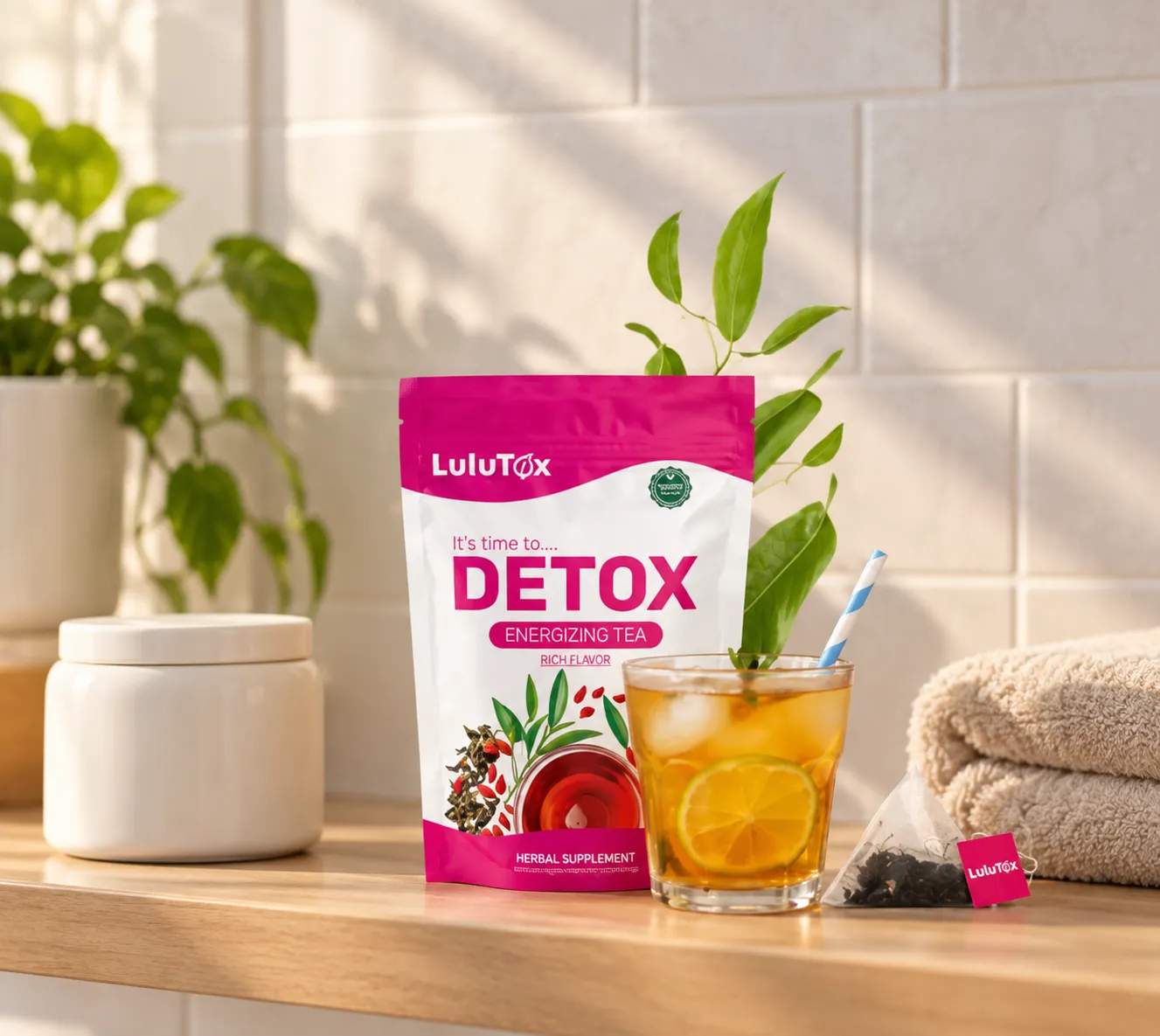 Lulutox Detox Tea — the package in everyday use